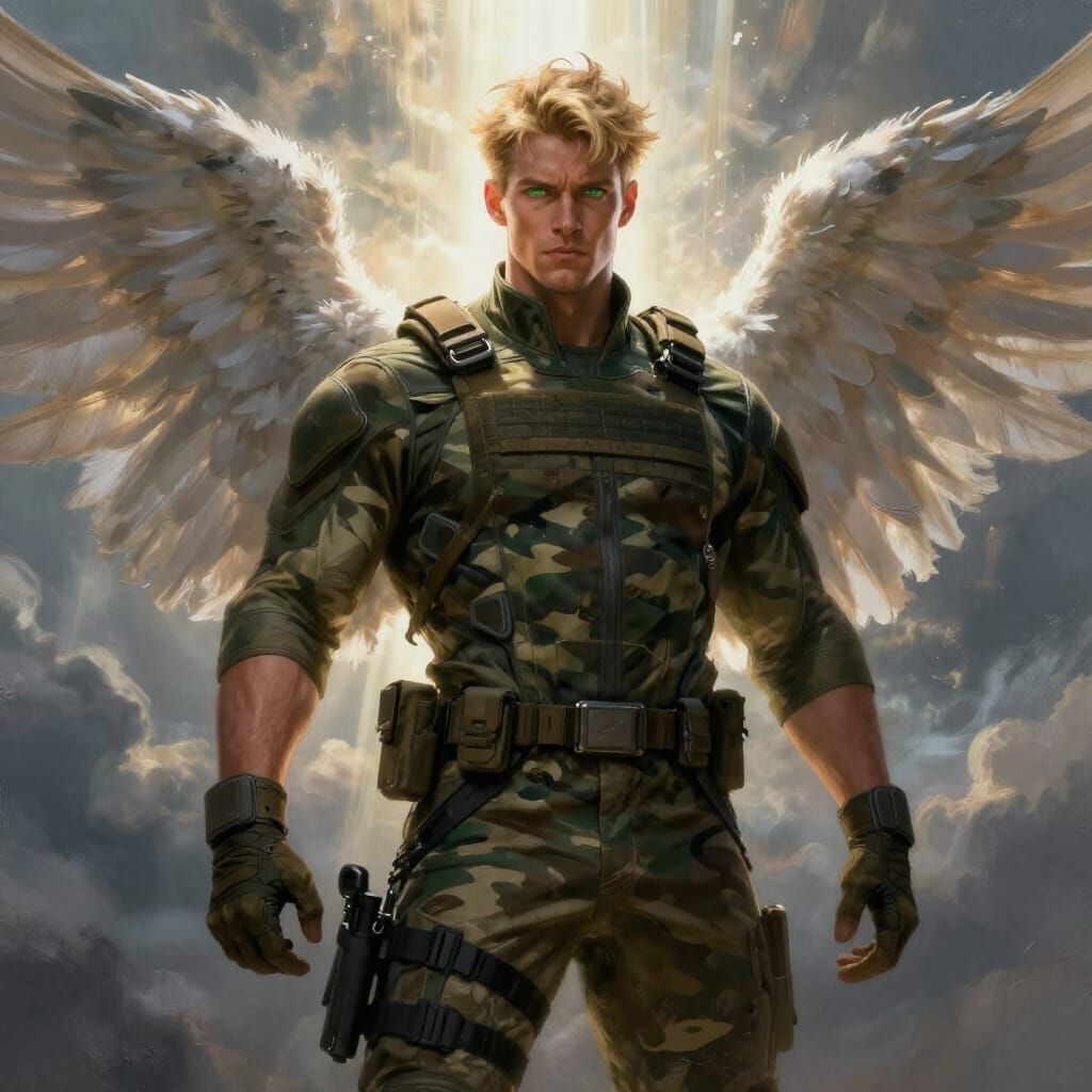 Muscular Angel in Camouflage Tactical Suit, Epic Fantasy Art