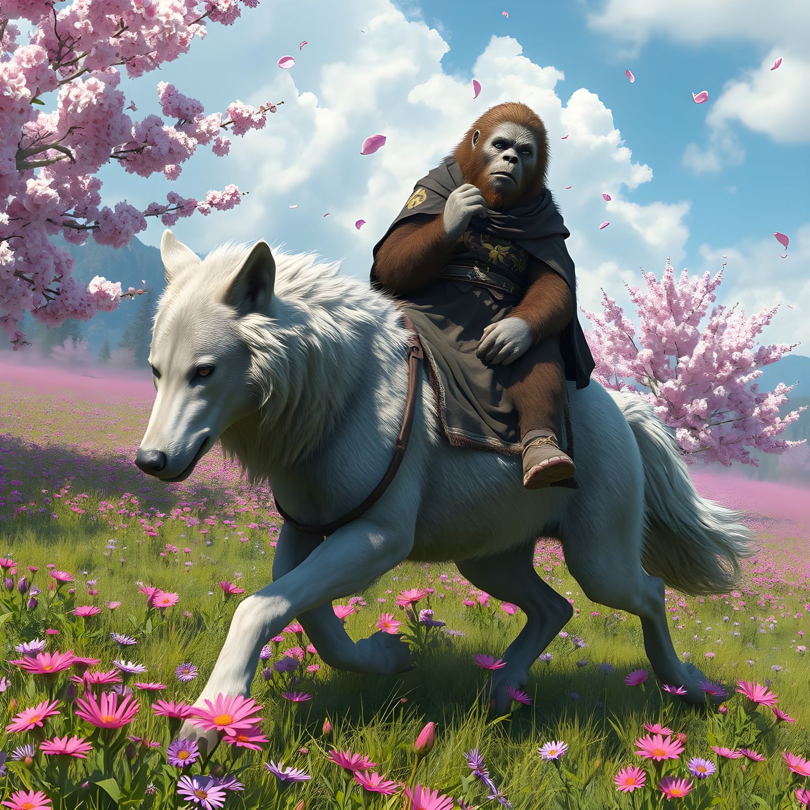 Sasquatch Rides Majestic Wolf through Vibrant Floral Landsca...