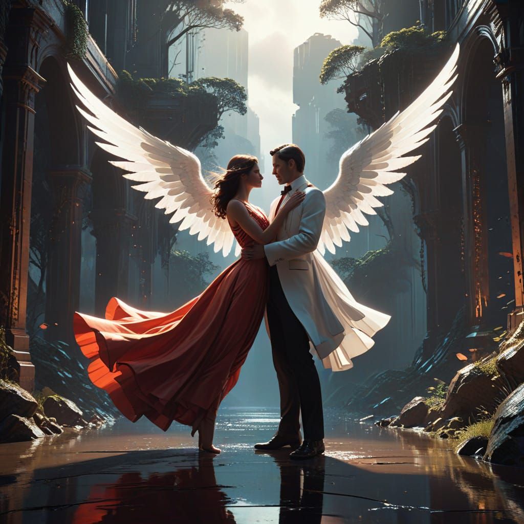 Ethereal Couple Soars in Harmony, Surrounded by Soft Clouds ...