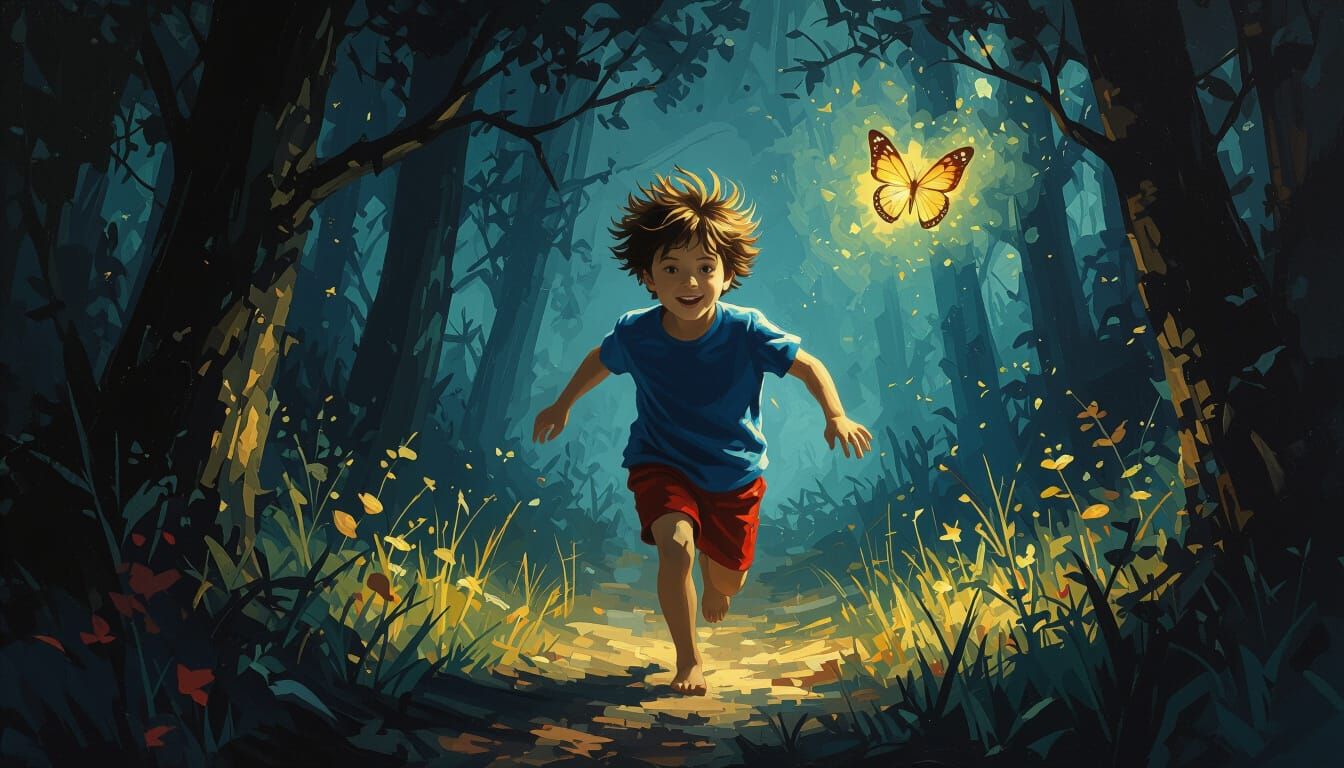 Boy Chasing Glowing Butterfly in Oily Dark Fantasy Forest