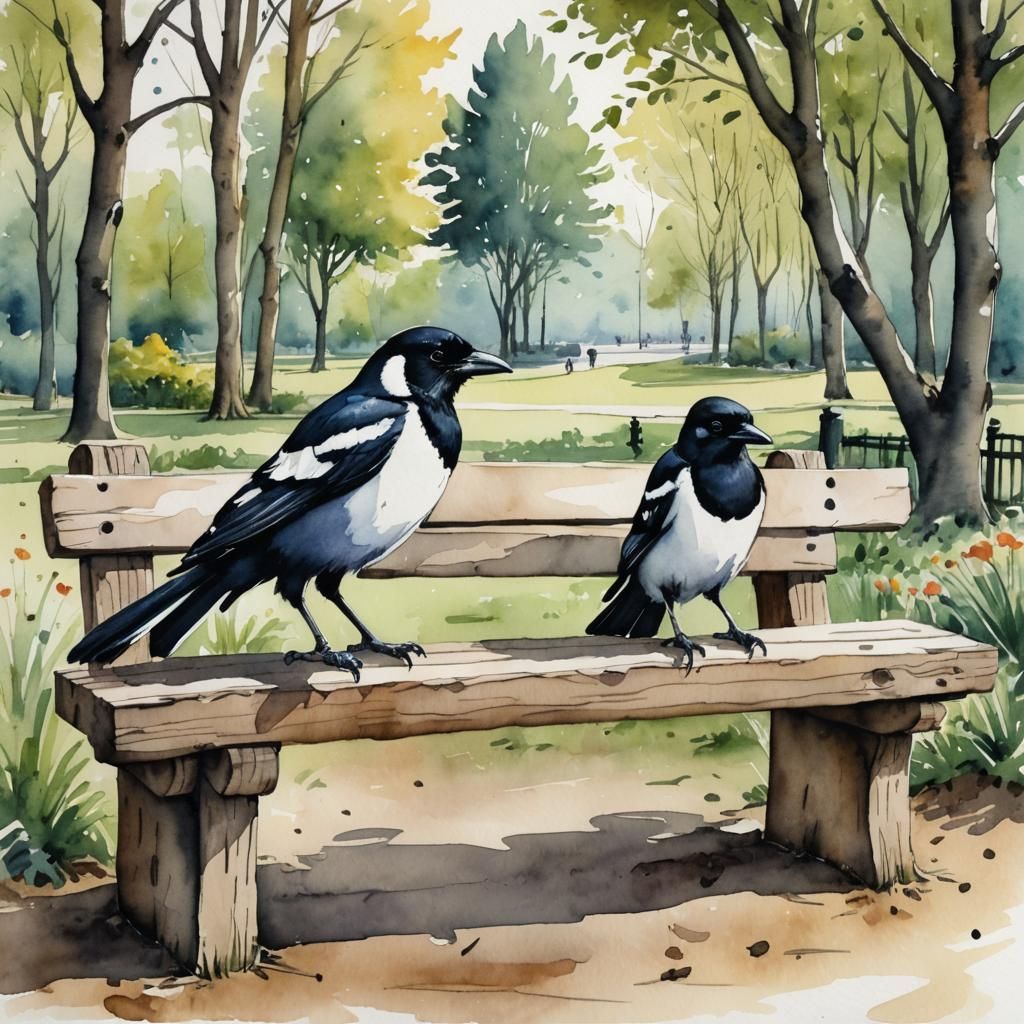 Magpies on a Bench in Watercolor Style