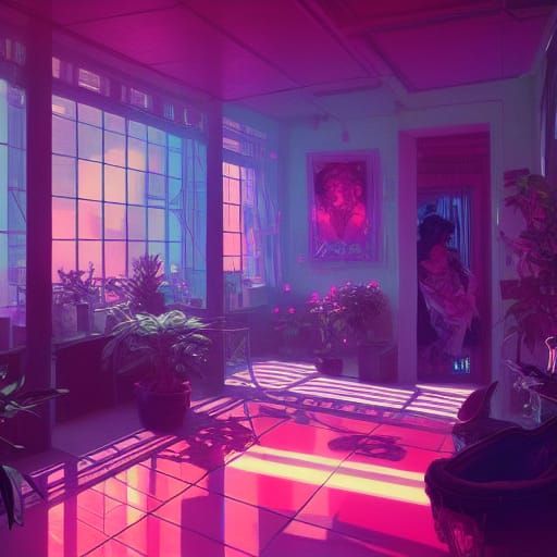 Vaporwave Living Room with Neon Lights