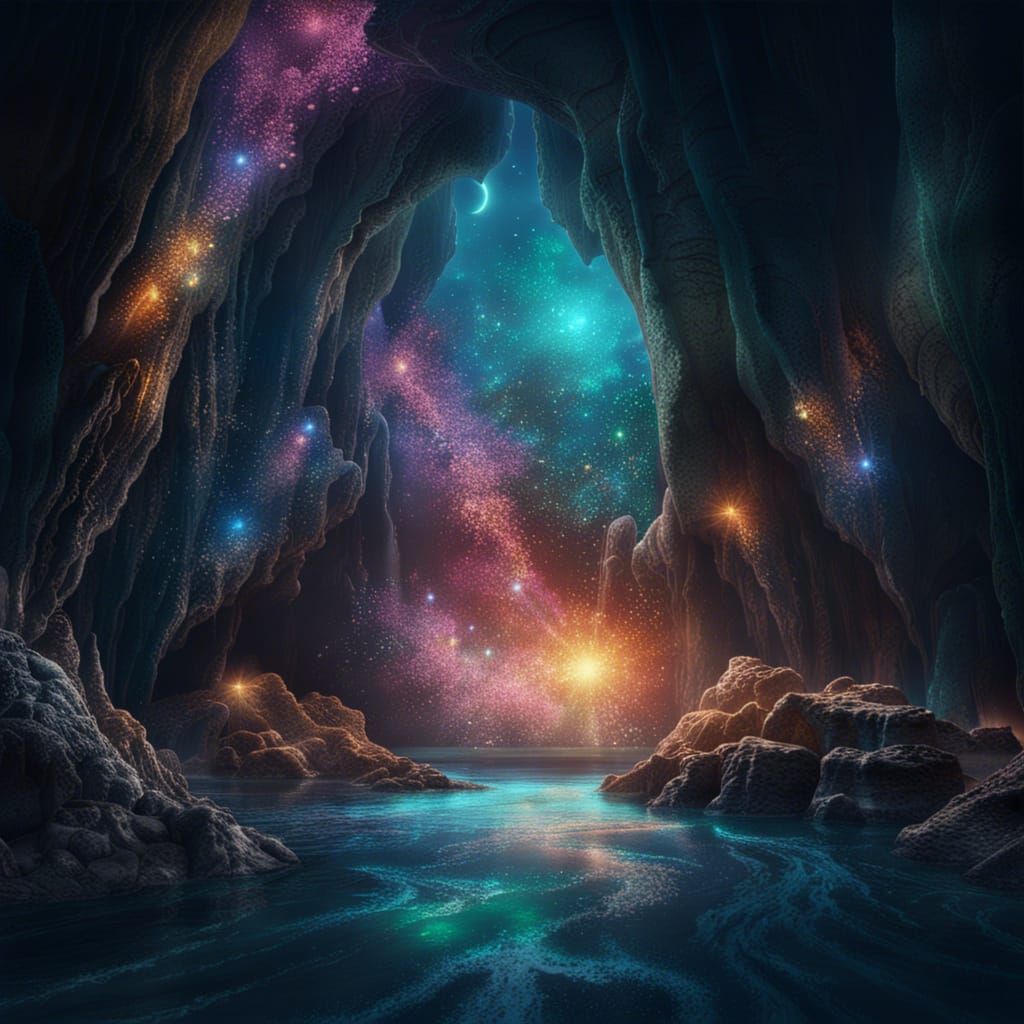 Bioluminescent Lagoon in Glittering Cave System