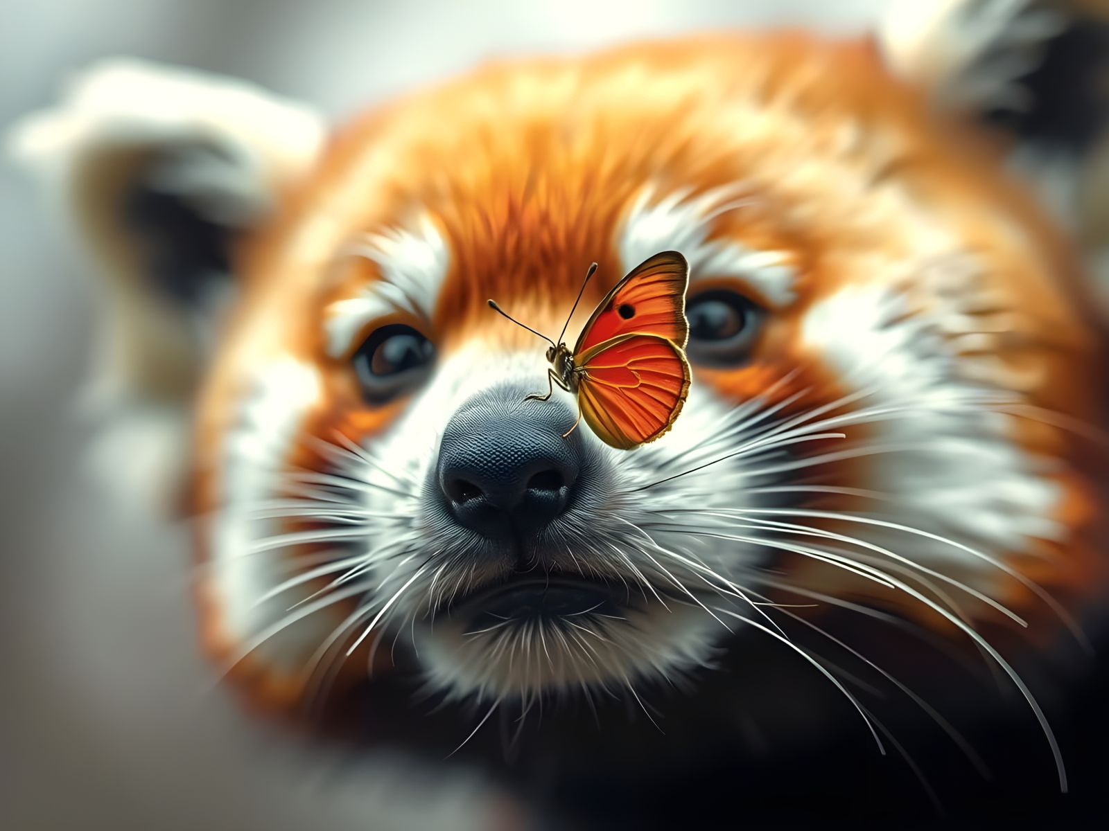 Red Panda with Butterfly on Nose in Foggy Fall