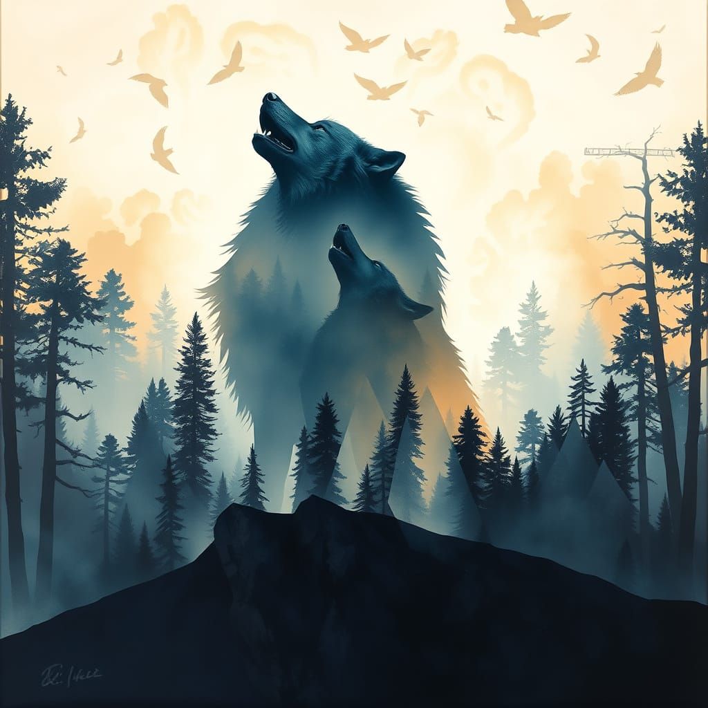 Ethereal Wolf Silhouette in Forest Double Exposure