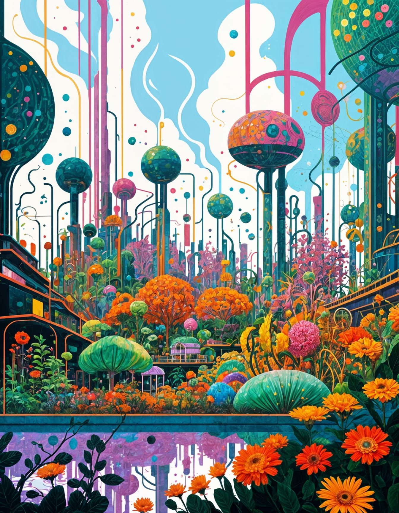 Retrofuturistic Greenhouse City with Vibrant Flora