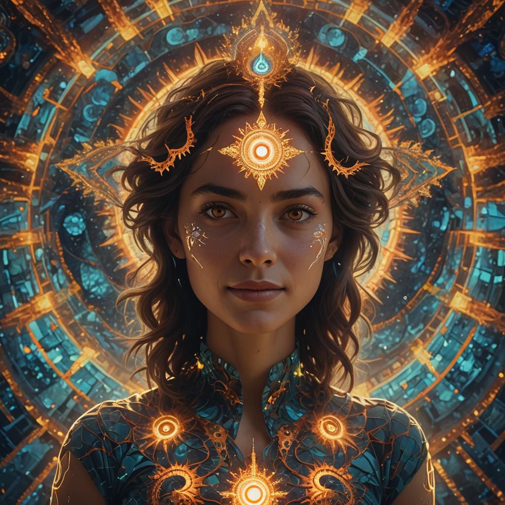Woman with Glowing Third Eye in Fractured Reality