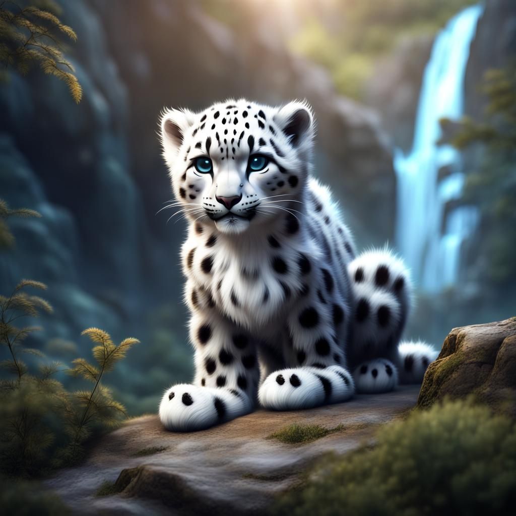 Mystical Baby Snow Leopard Waterfall Scene