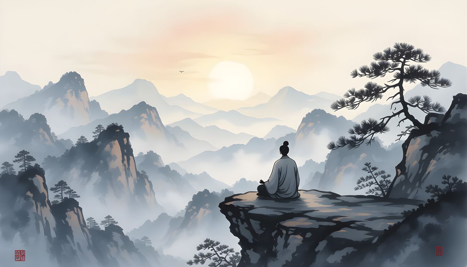 Sumi-e Ink Wash Painting of Meditating Figure