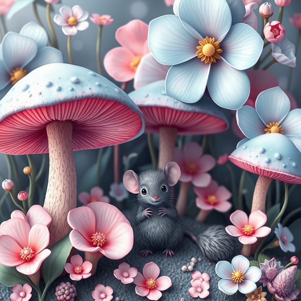 Whimsical Fairytale Scene with Blue Mushrooms and a Gray Mou...