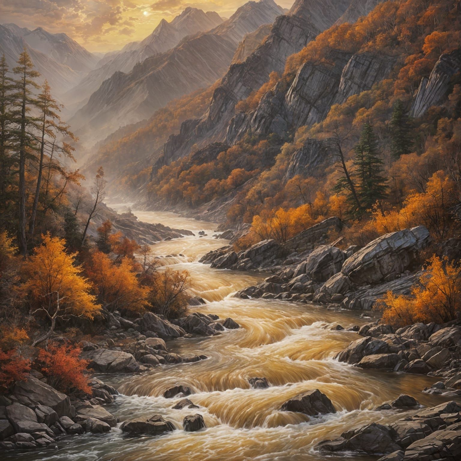 Autumn River Ascends to Sunrise Clouds