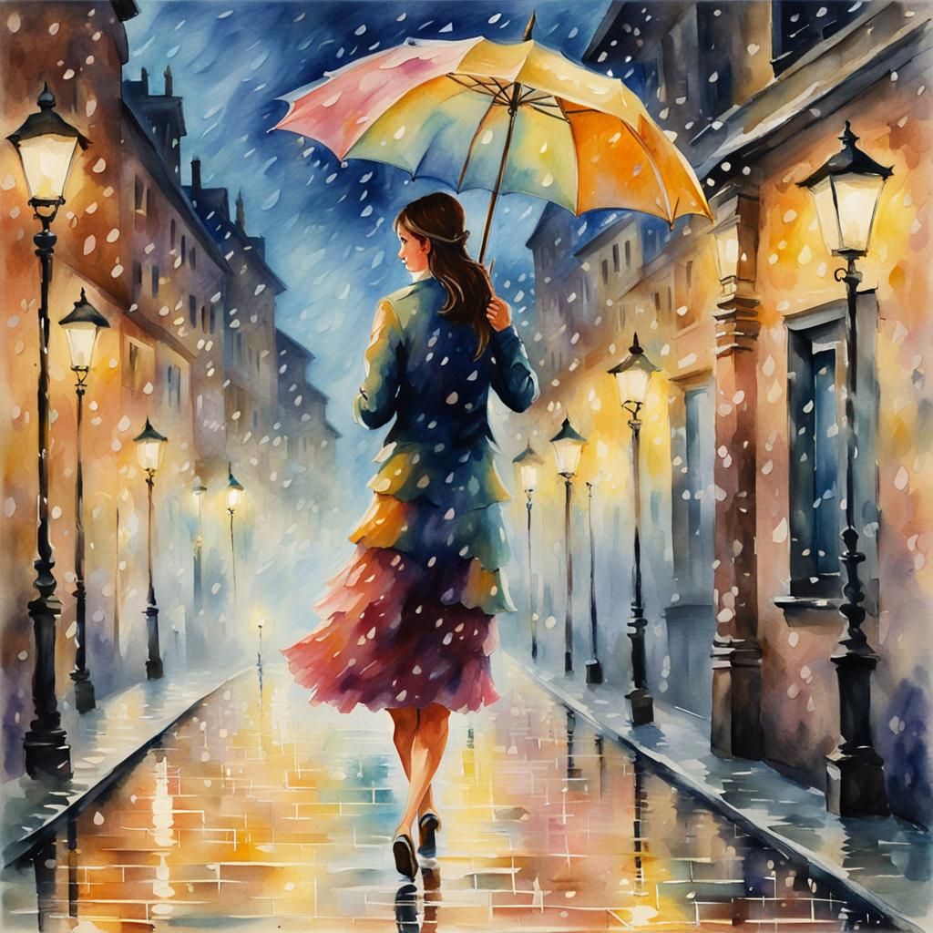 Pretty Woman Dancing in Rainy Impressionist Watercolor