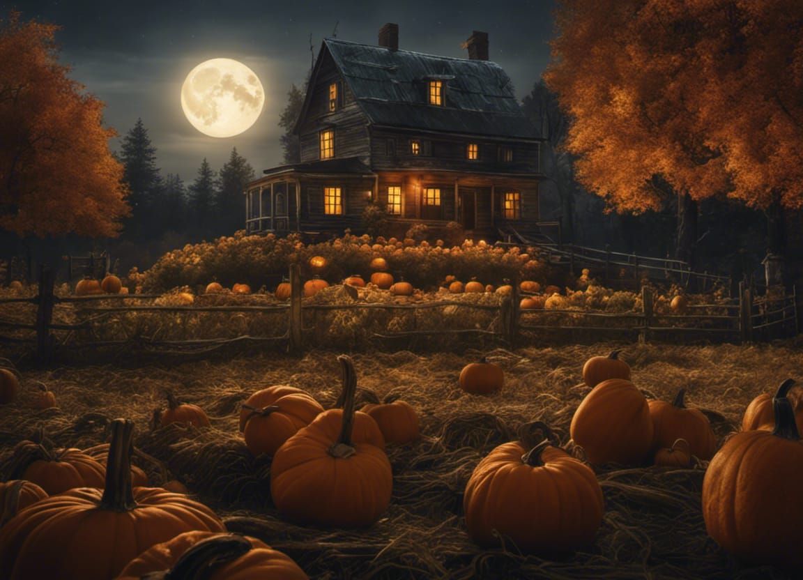 Moonlit Autumn Pumpkin Patch and Farmhouse
