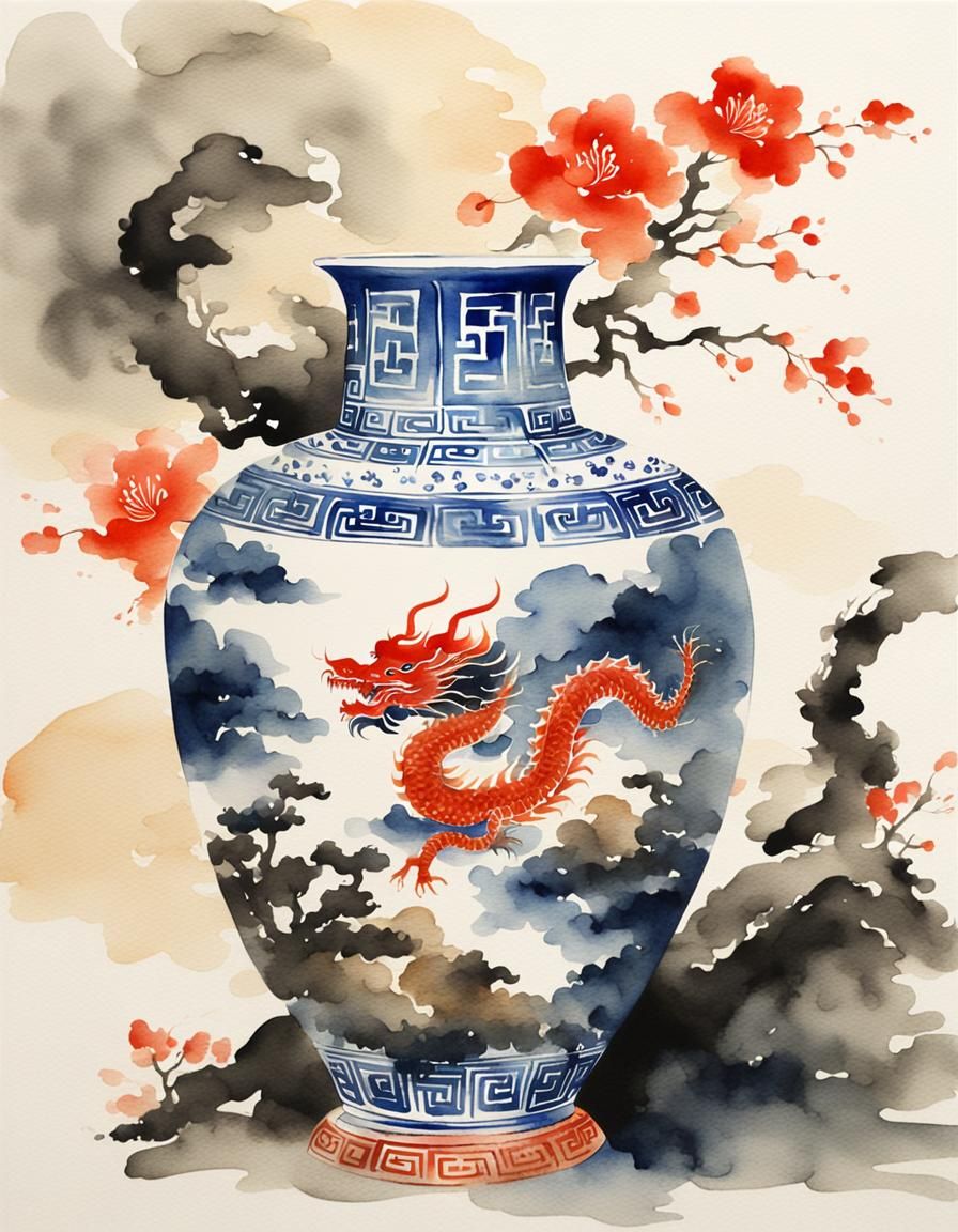 Elegant Dragon Vase in Chinese Watercolor Style