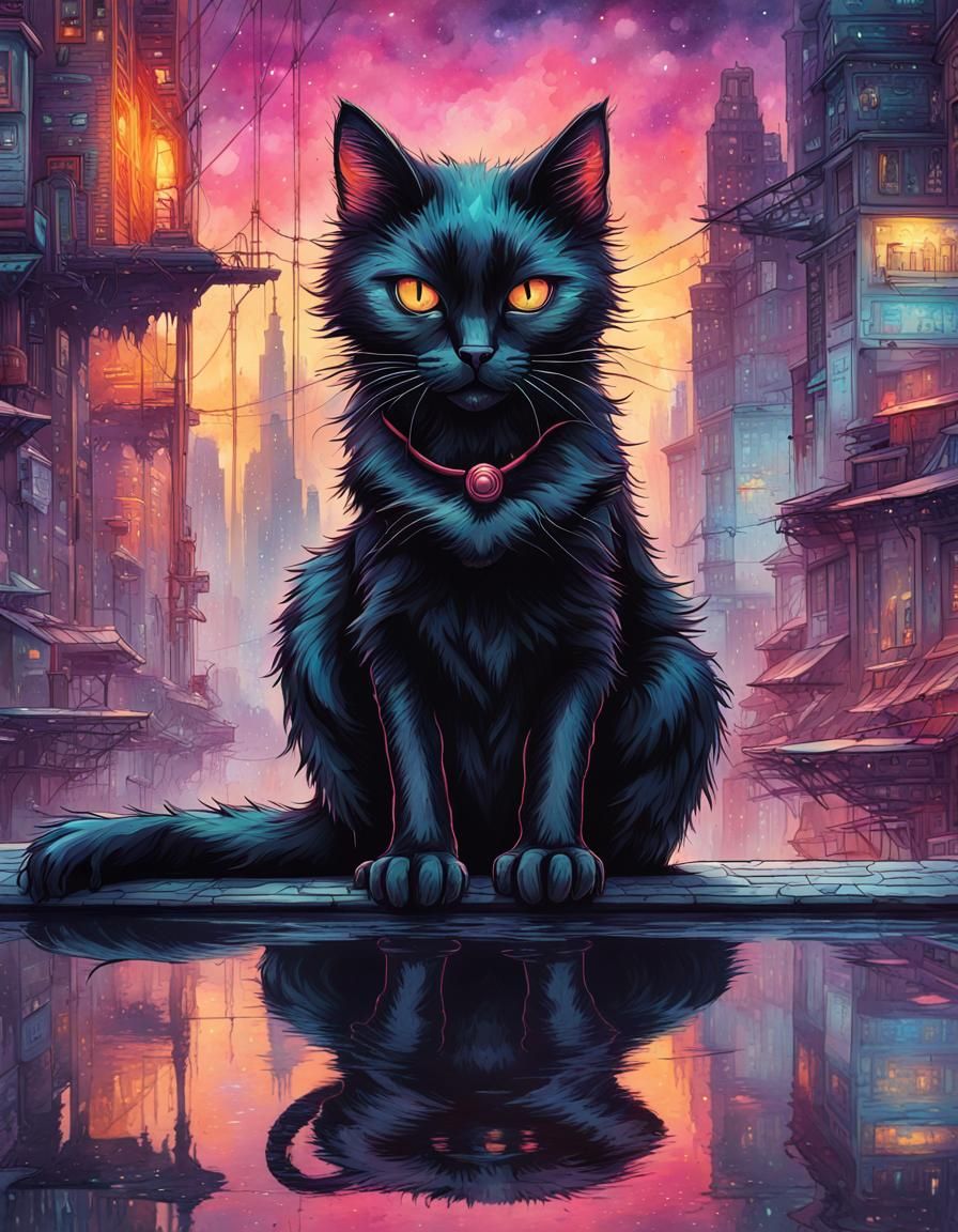 Cyberpunk Black Cat on Reflective Surface