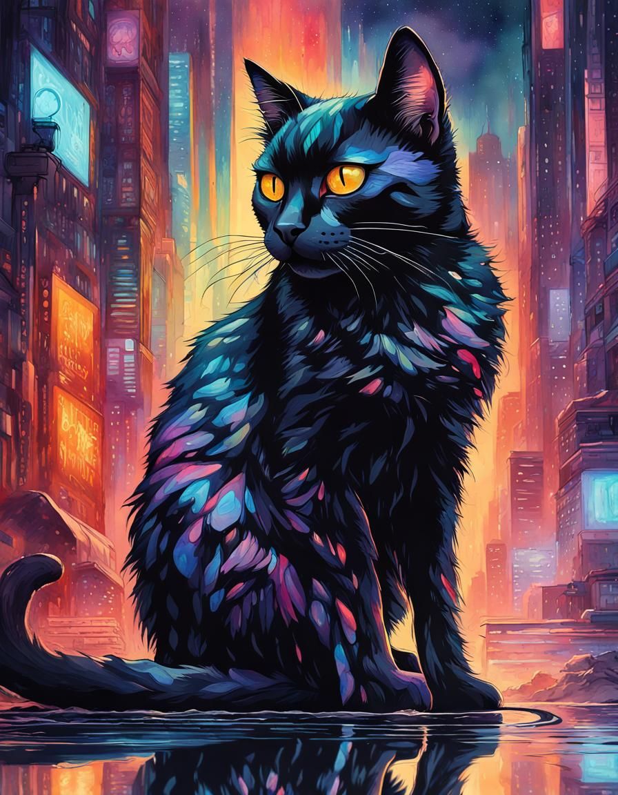 Cyberpunk Black Cat Watercolor Painting