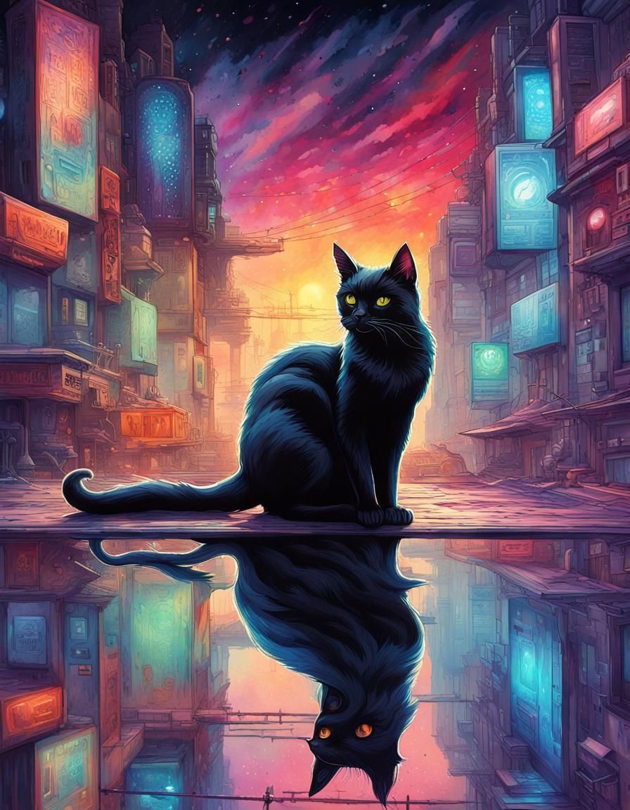 Cyberpunk Black Cat Watercolor Masterpiece