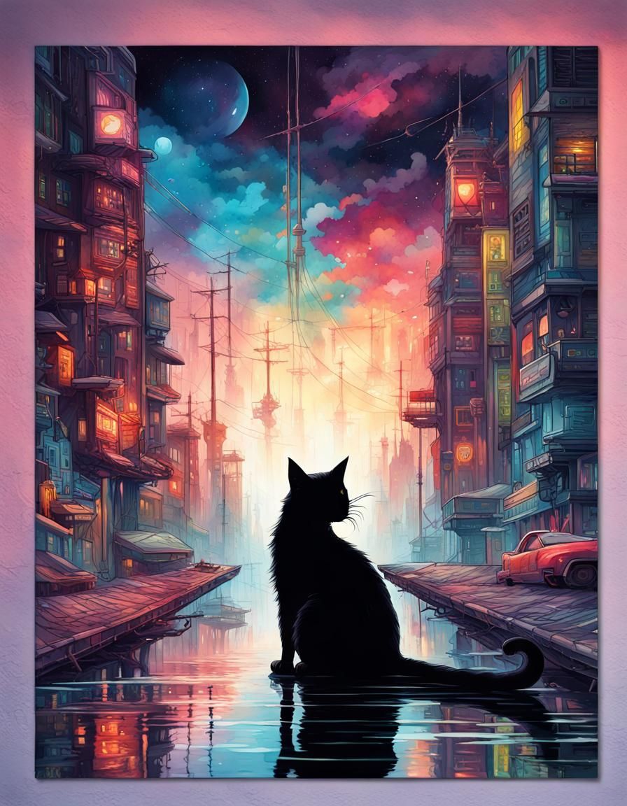 Cyberpunk Black Cat Watercolor Painting