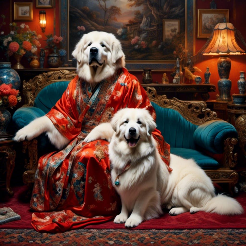 Anthropomorphic Great Pyrenees in Opium Den, Oil Painting