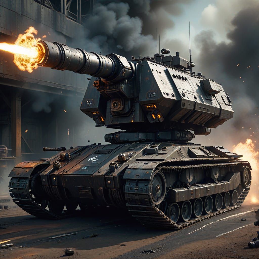 Diesel-Powered Armored Mech Fires Cannon: Sci-Fi Concept Art