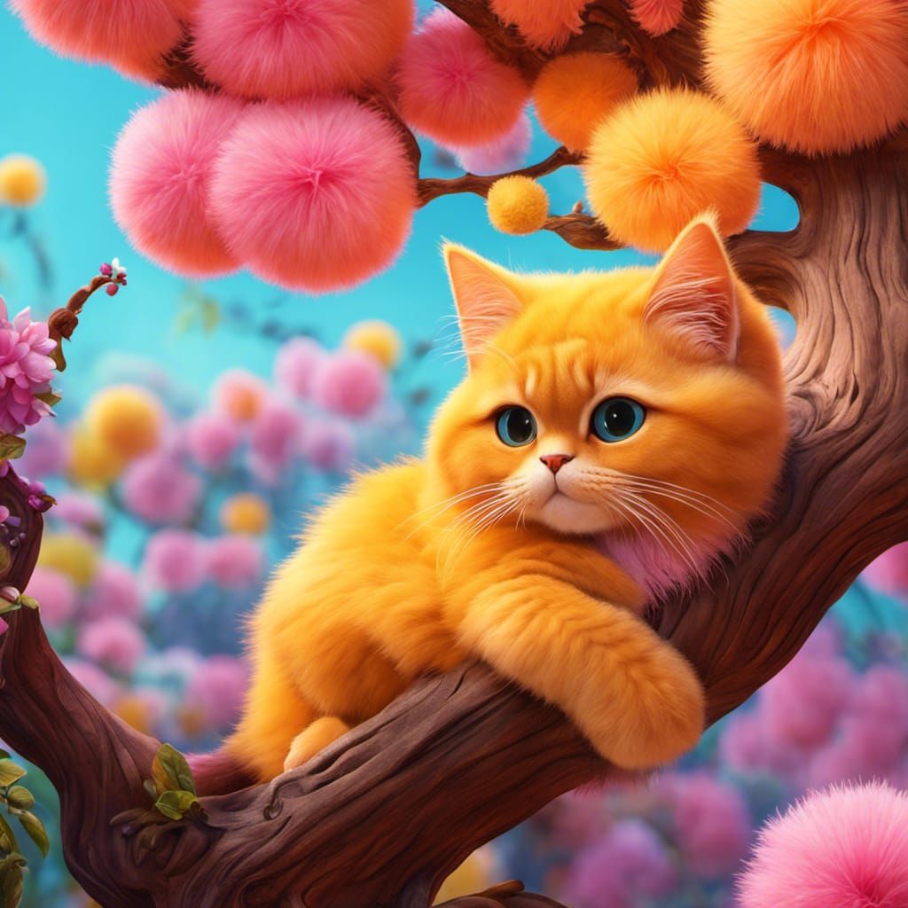 Fluffy Cat Sleeping in Candy Flower Tree