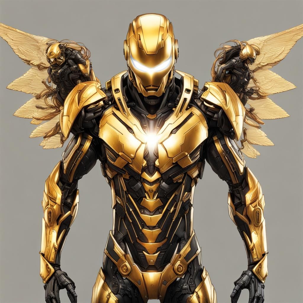 Cybernetic Superhero with Golden Suit and Angel Wings