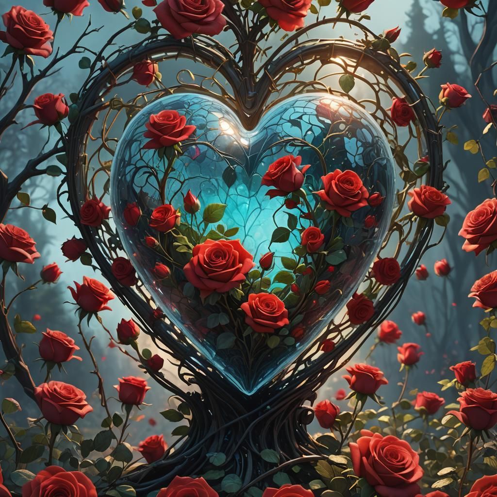 Glass Heart with Roses in Fantasy Style