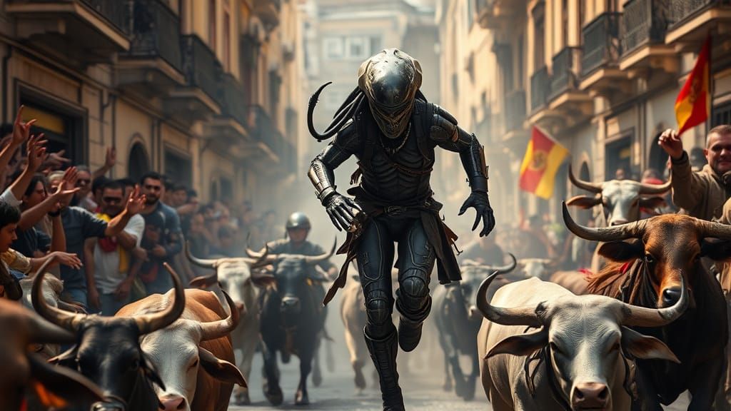 Alien and Predator Run with Bulls in Dystopian Pamplona