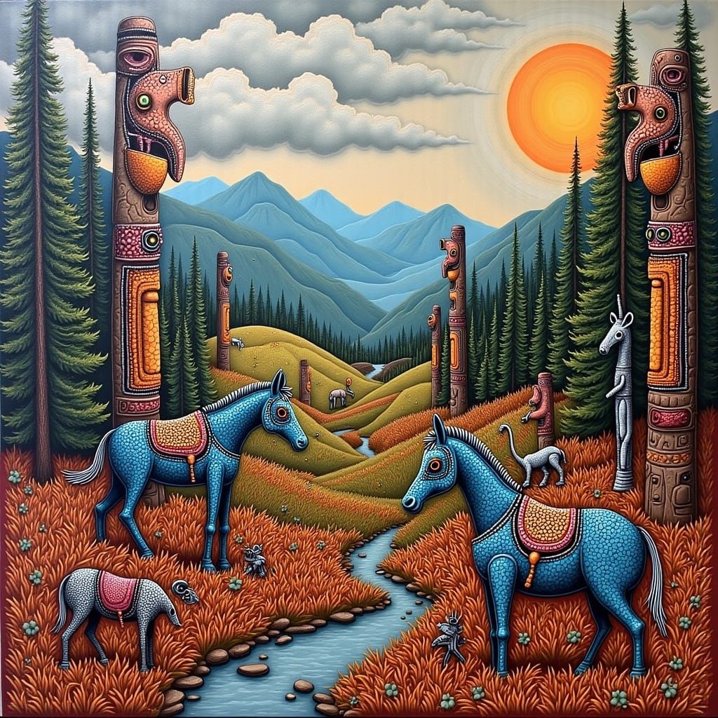 Futuristic Pacific Northwest Settlement with Robotic Animals