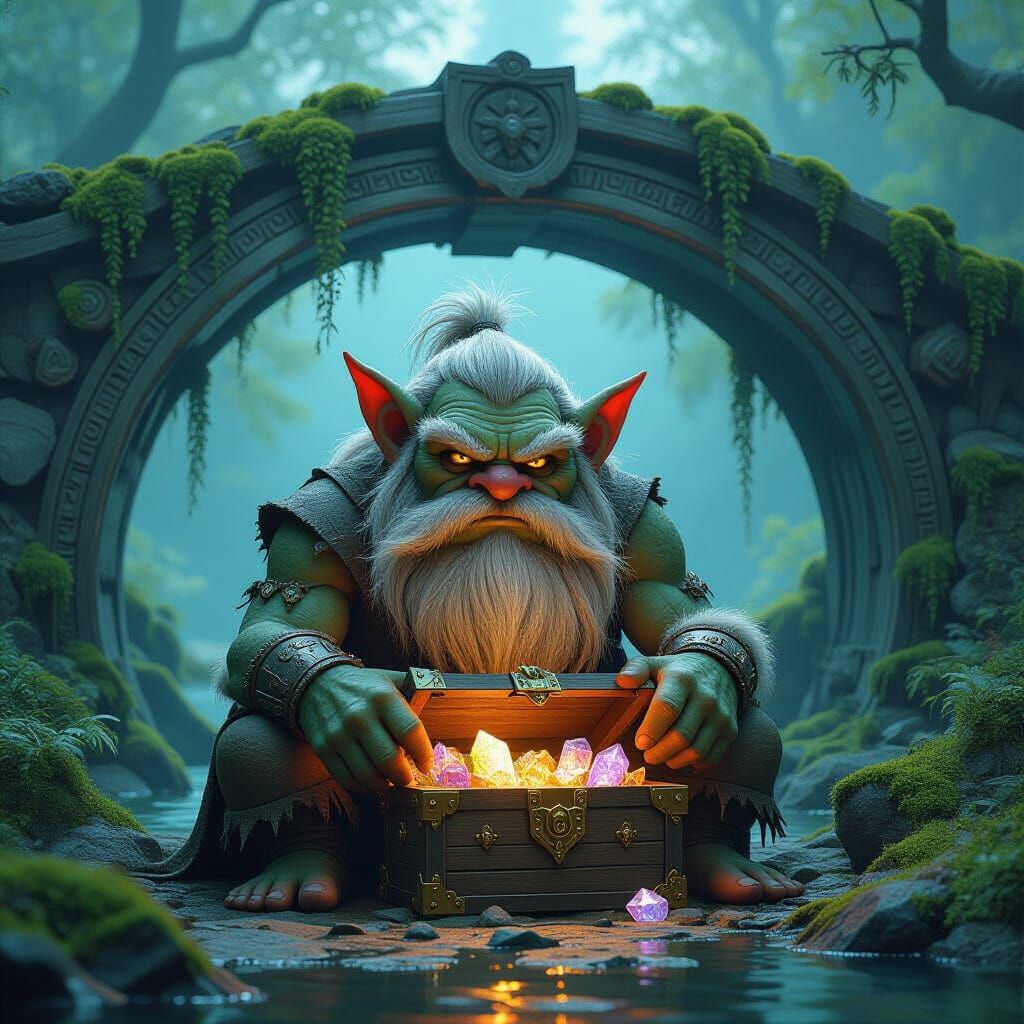 Grumpy Troll Guarding Treasure Beneath Mossy Bridge