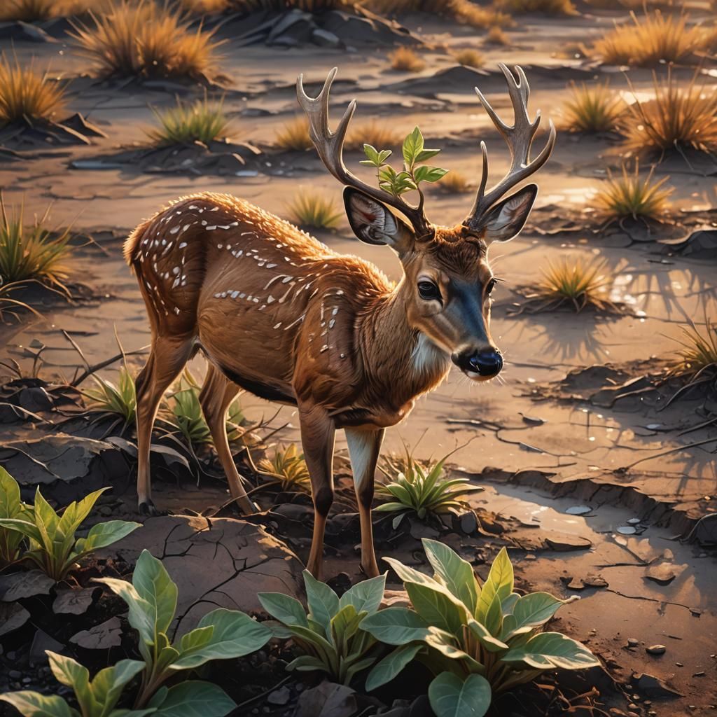 Deer Eating Plant with Water Drop, Oil Painting