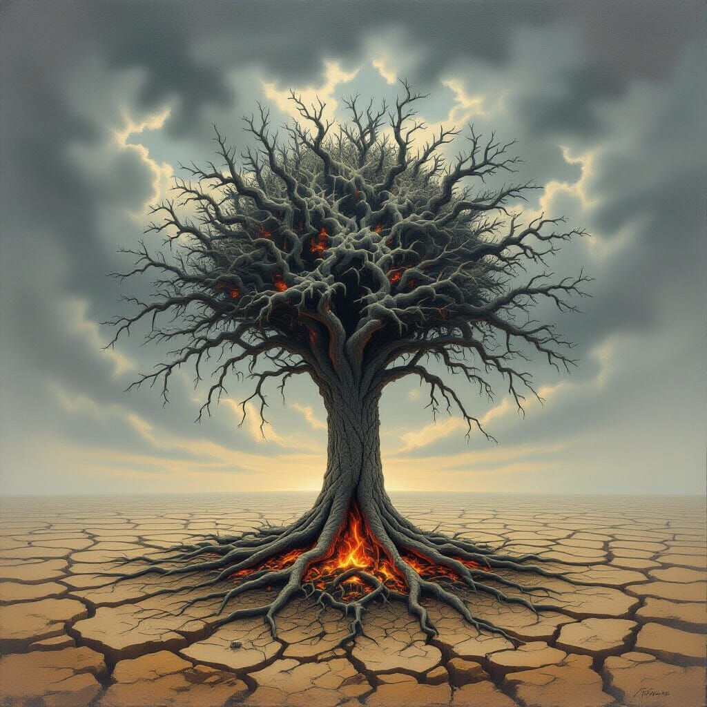 Surreal Burnout Tree on Barren Earth