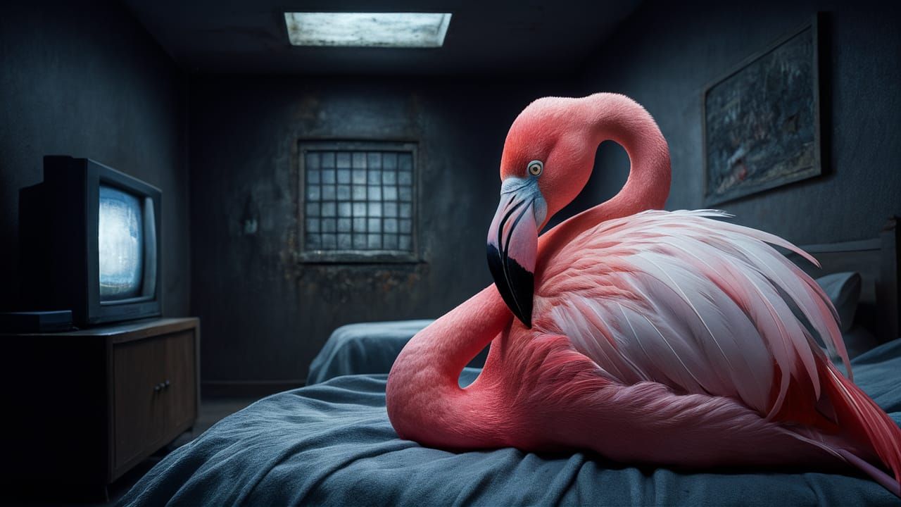 Disheartened Pink Flamingo in Gloomy Hotel Room