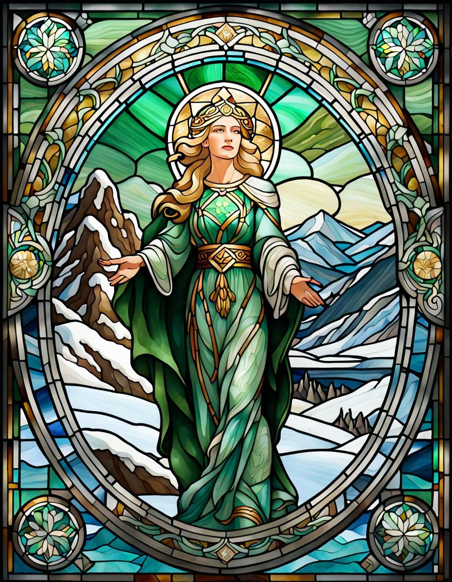 Stained Glass Nordic Goddess of Healing in Mucha Style