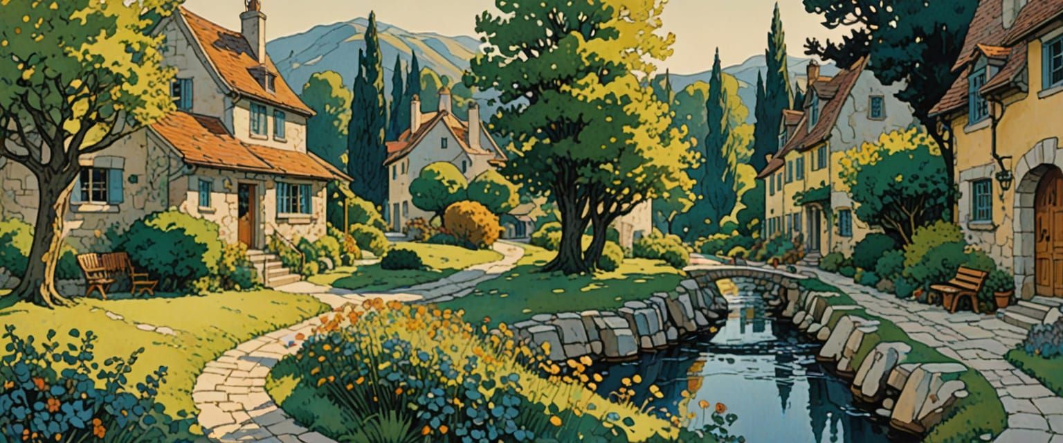 Quaint Village in Comic Book Style Watercolor