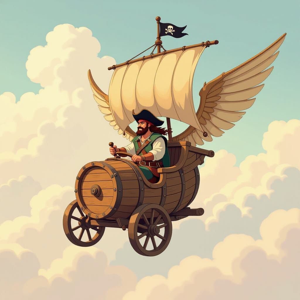 Pirate Soaring in Barrel-Carriage, Fantasy Scene