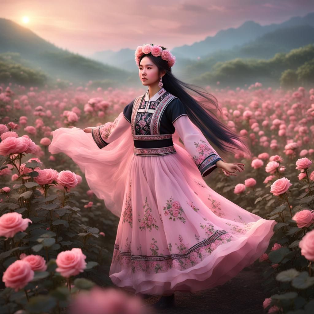 Hmong Woman Dancing in Rose Field, Detailed Painting