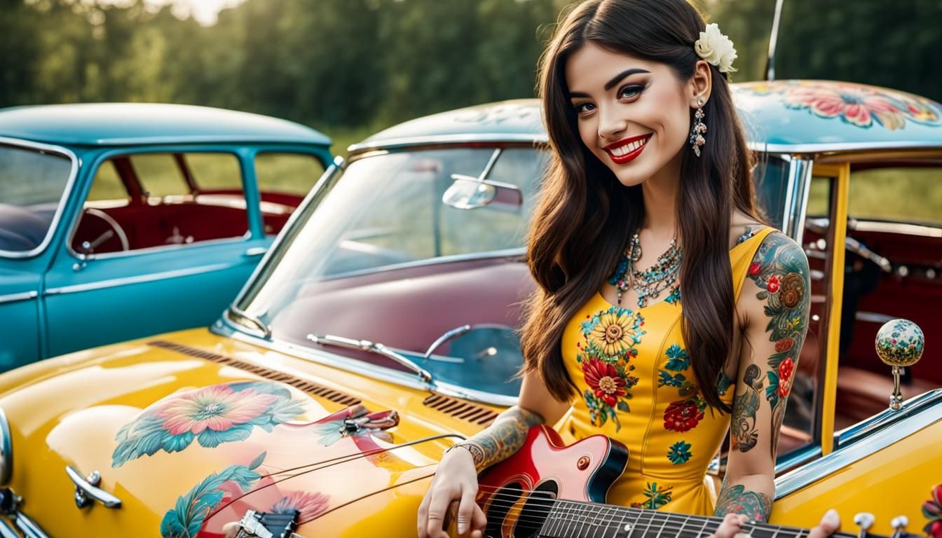 Brunette with Guitar in 1960s Tattoo Style