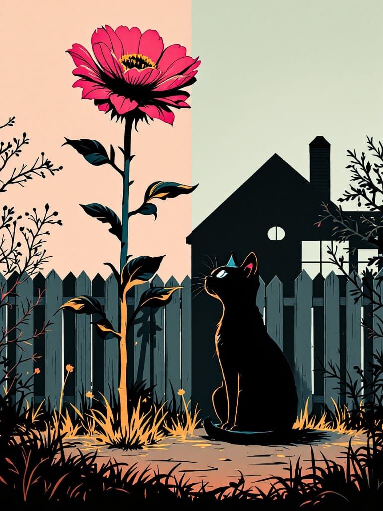 Cat Gazes at Giant Bloom Under Split Sky in Gothic Suburban ...