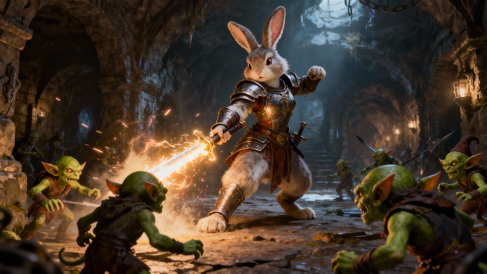 Warrior Bunny Rabbit Battles Goblins in Dungeon