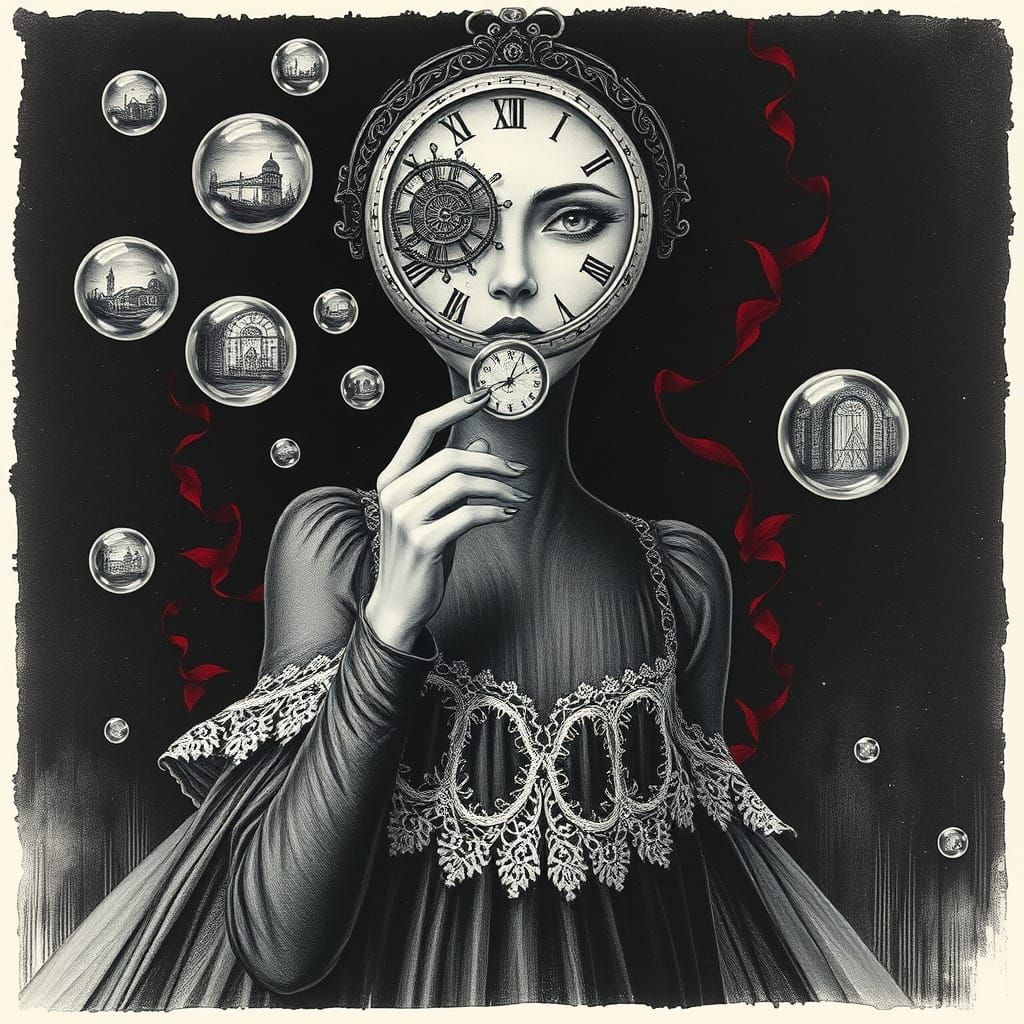 Clockwork Woman Blowing Bubbles in Surreal Style