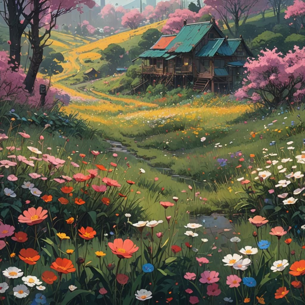 Flowery Paradise Field in Digital Illustration Style