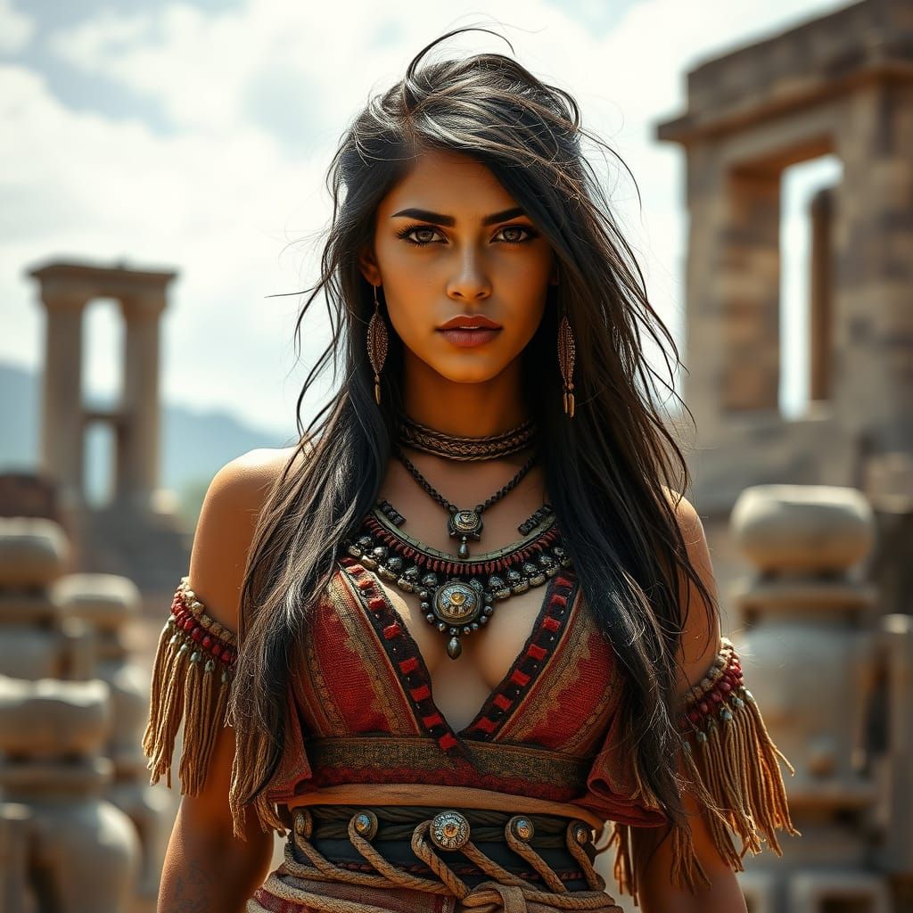 Aztec Woman in Ancient Ruins, Photorealistic Image