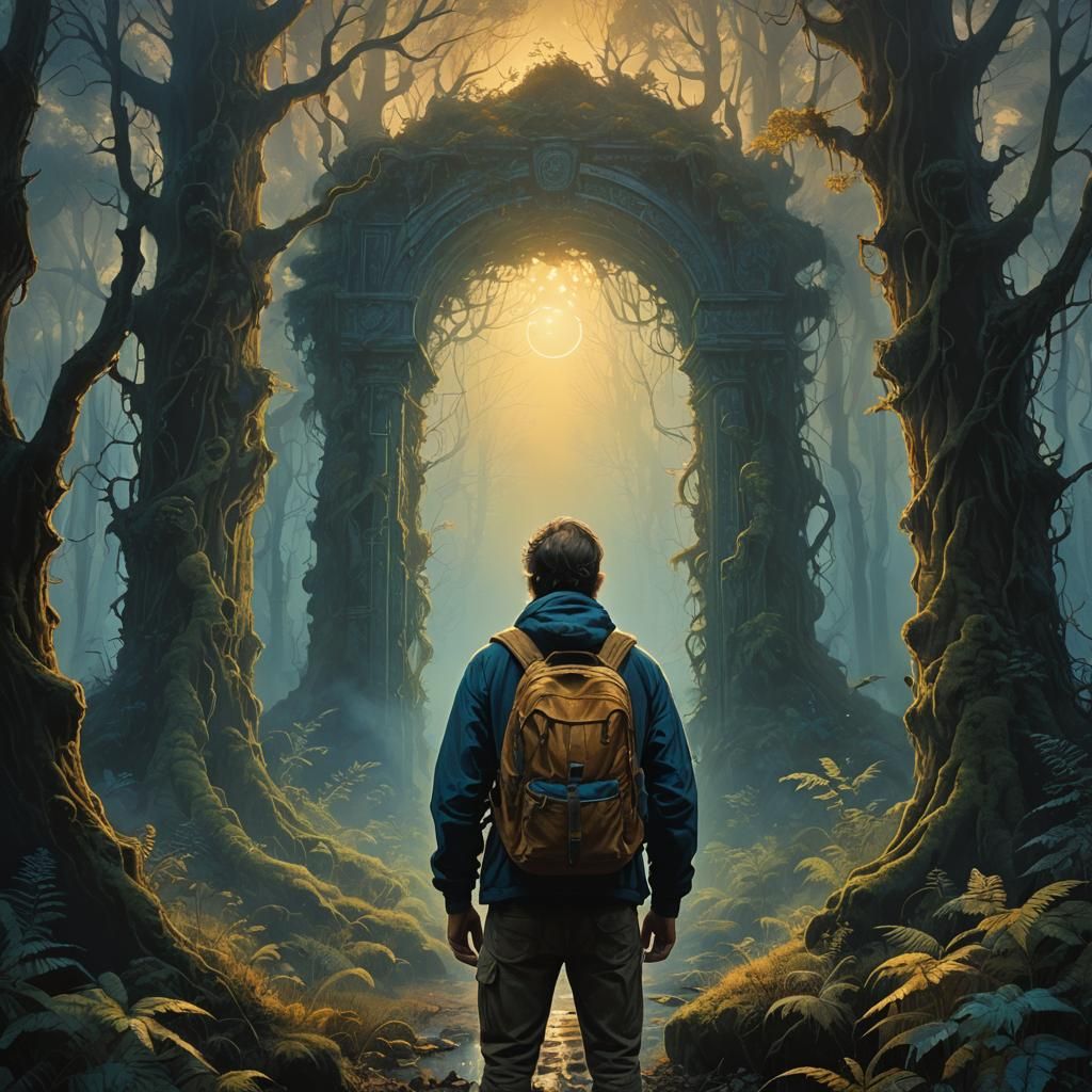 Bearded Man at Mystical Forest Portal, Fantasy Art