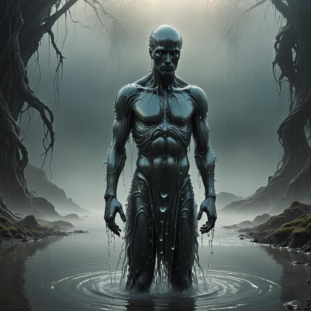 Water Drop Creates Humanoid in Surreal Digital Art