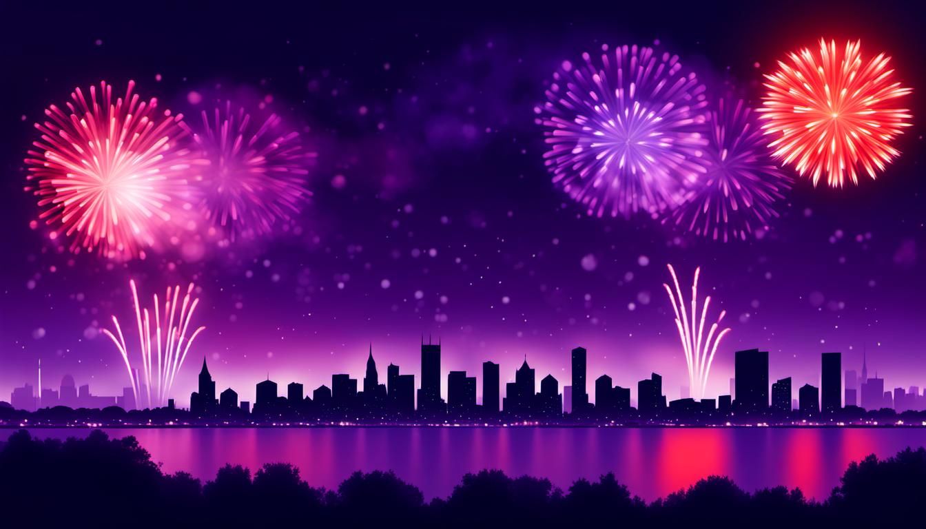 Independence Day Fireworks Display Over Cityscape