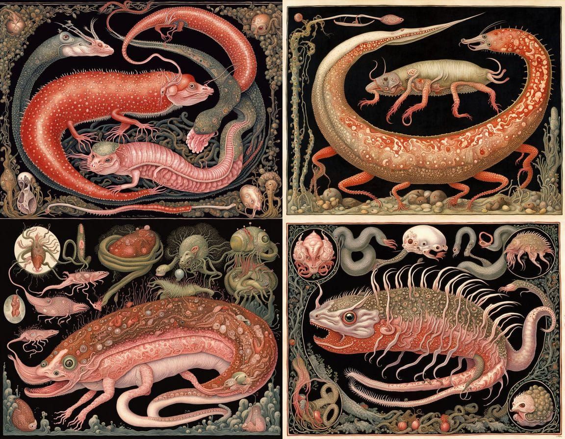 Surreal Russian Woodblock Art of Axolotl Babushka