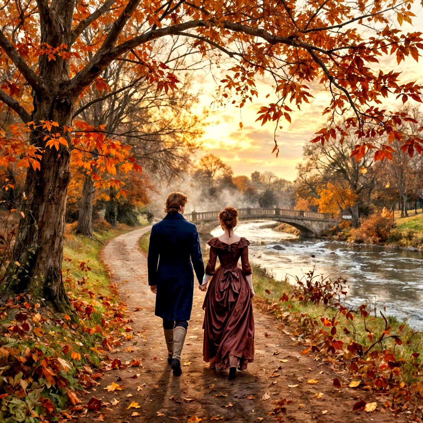Regency Autumn Scene at Golden Hour in Watercolor Style