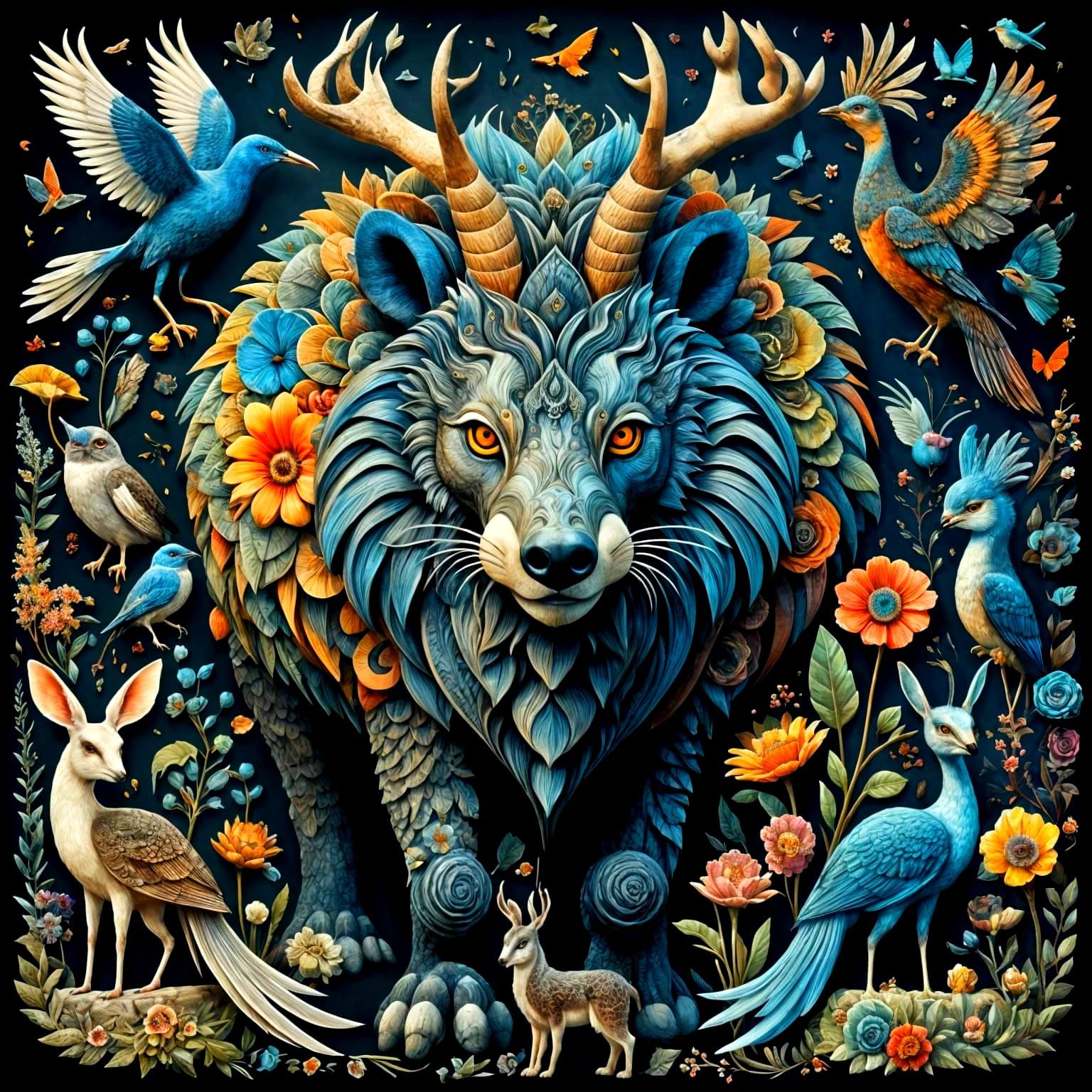 Whimsical Fantasy Animals in Detailed Collage