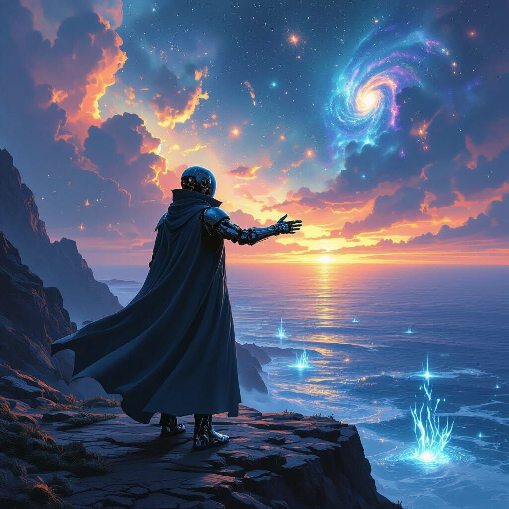 Cyborg Overlooking Alien Ocean in Sci-Fi Style